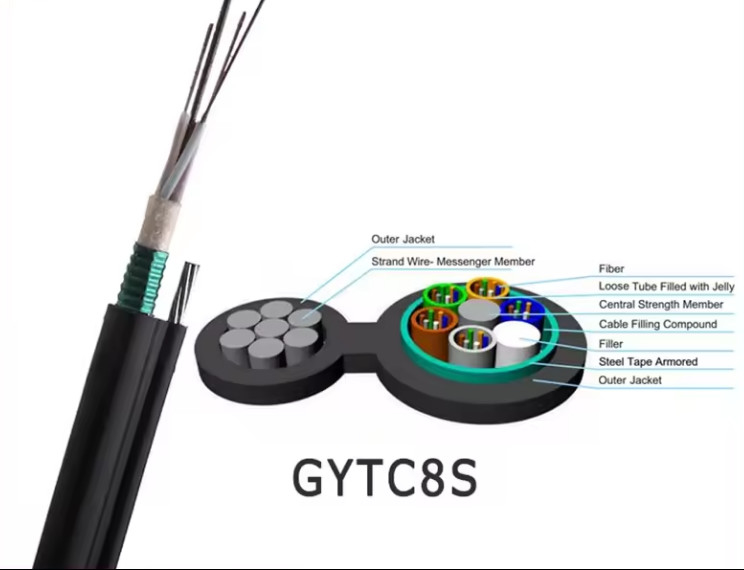 GYTC8S الجوي المدرع الشكل 8 كابل مع شريط فولاذي 24 36 48 72 كابل ألياف ضوئية G652D